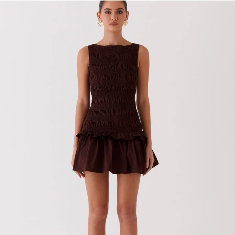 Peppermayo Garden Kisses Shirred Mini Dress-Brown